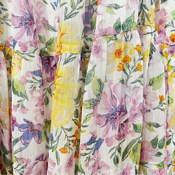 Floral Tassel Tie Mini Dress Multicolored Sheer Lined Tiered Shimmery - Picture 6 of 14